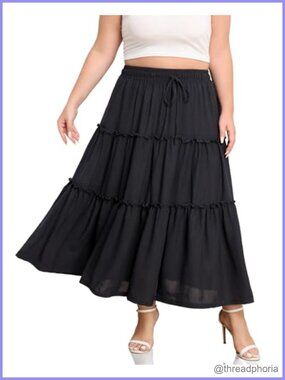 Plus Size Maxi Skirt Women Elastic High Waisted A-Line Tiered Flowy Pockets